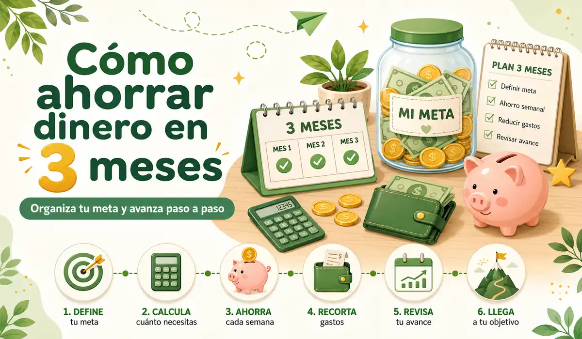 Plan para ahorrar dinero en tres meses con calendario, alcancía y meta de 90 días