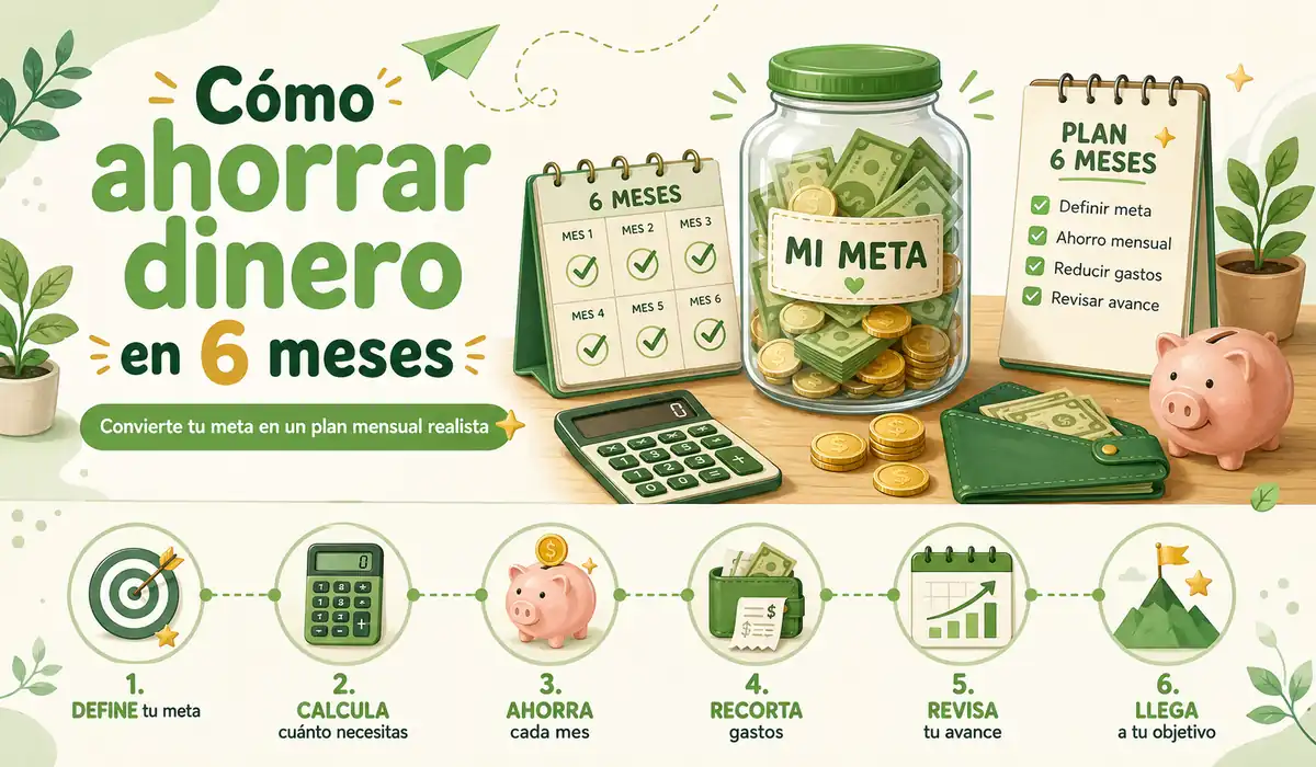 Plan para ahorrar dinero en seis meses con calendario, alcancía y barra de progreso