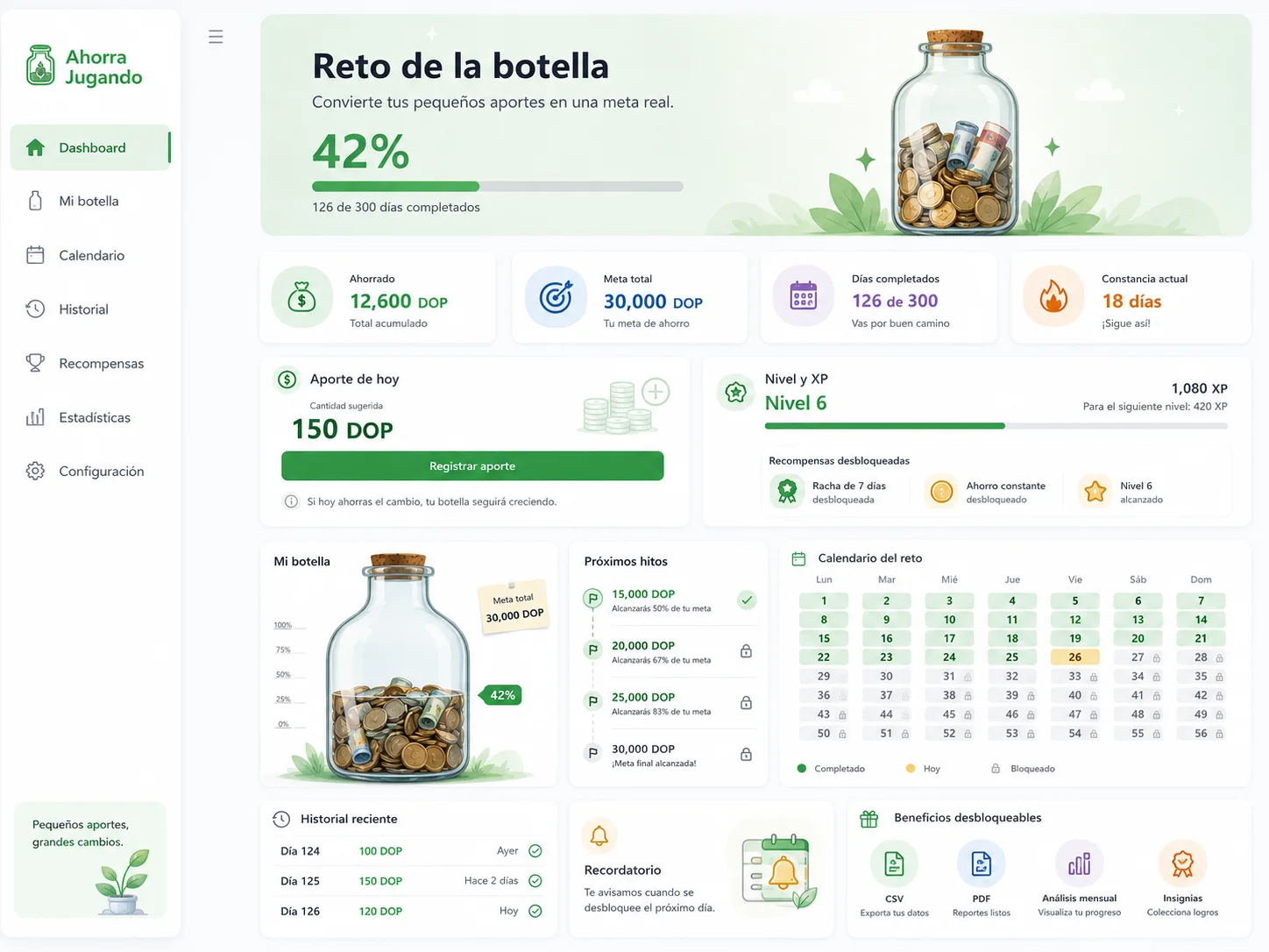 Panel del juego Reto de ahorro de la botella de Ahorra Jugando
