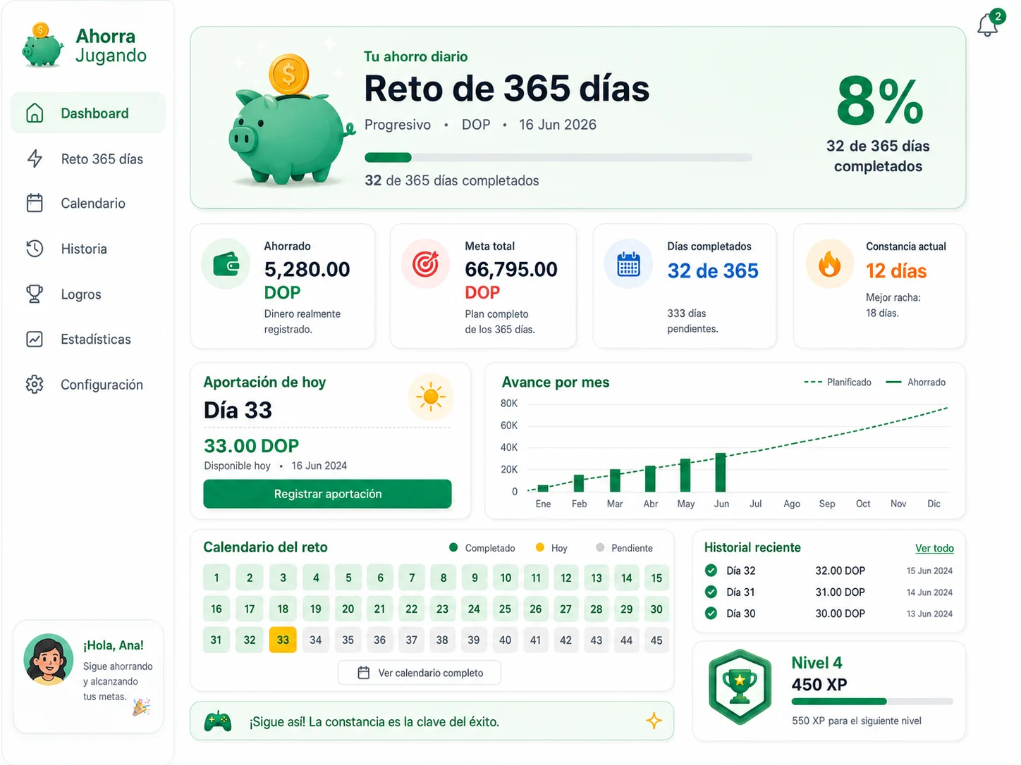 Panel moderno del juego Reto de ahorro de 365 días de Ahorra Jugando