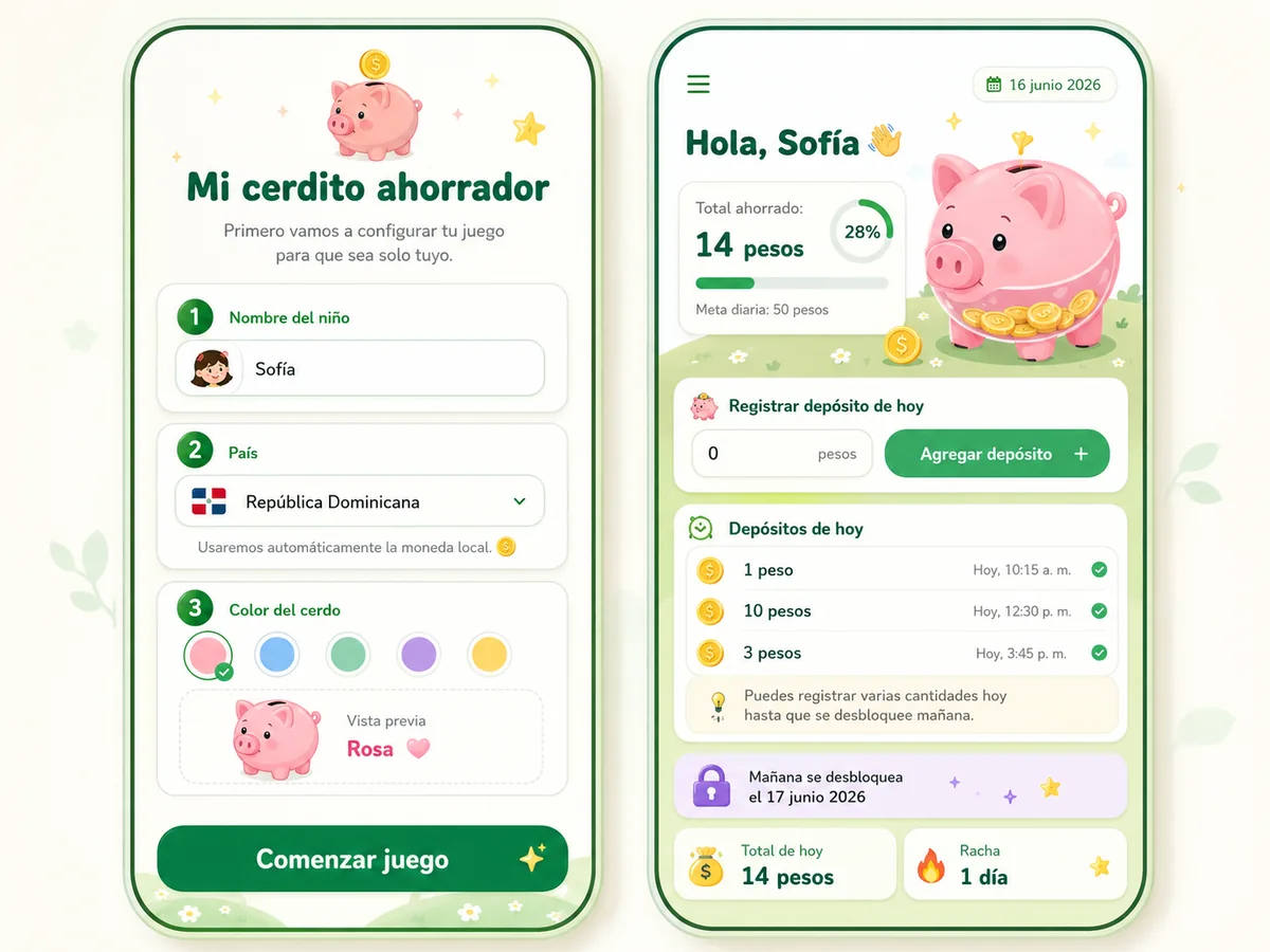 Reto de ahorro para niños con un cerdito que se llena con cada depósito